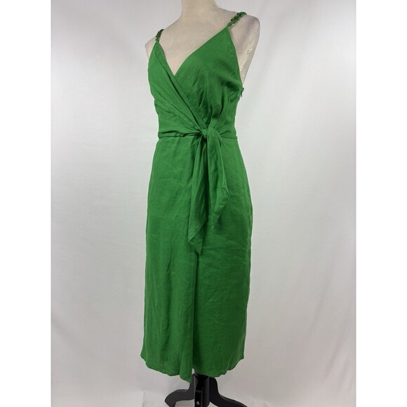 Reiss Esme Wrap Dress Bright Green Size 10 Reiss Linen Dress Bright Green Midi - Picture 3 of 14